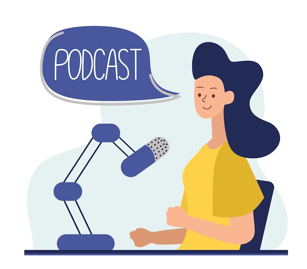 Concepto de podcast una ilustración sobre el podcast una niña hablando por un micrófono y sentada