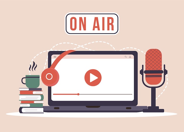 Concepto de podcast. Lugar de trabajo de locutor de radio.