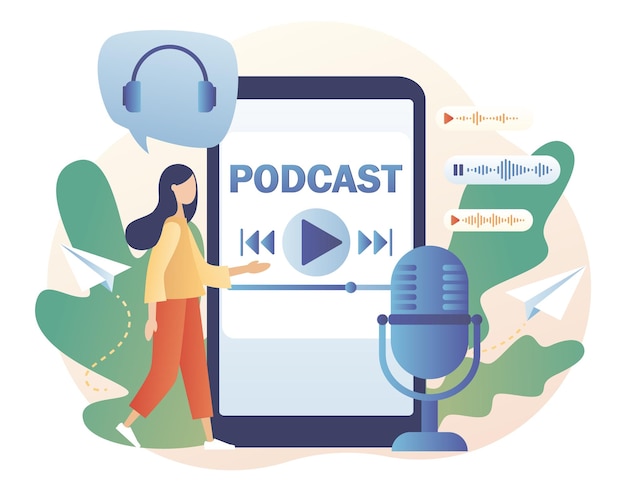 Concepto de podcast mujer diminuta escuchando audio en la aplicación de teléfono inteligente programa de radio o audio de capacitación en línea