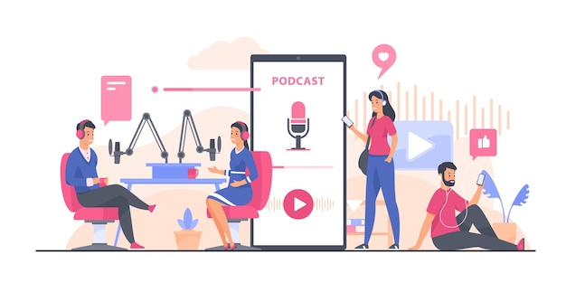 Concepto de podcast. Personas grabando y escuchando podcast de audio.