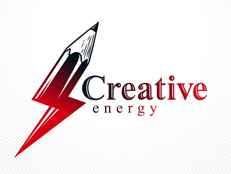 Vector concepto de poder de energía creativa mostrado por lápiz en forma de relámpago, logotipo o icono vectorial, el poder de la idea, el diseño y el arte, la invención científica o la investigación.