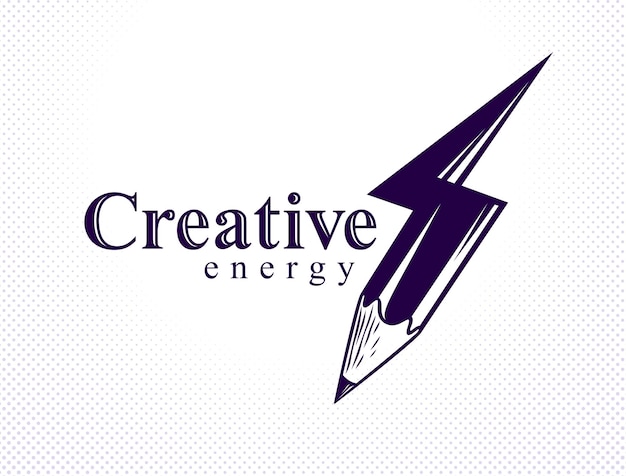 Concepto de poder de energía creativa mostrado por lápiz en forma de relámpago, logotipo o icono vectorial, el poder de la idea, el diseño y el arte, la invención científica o la investigación.