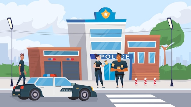 Concepto de policía con escena de personas en el fondo estilo cartón Los oficiales de policía salen de guardia