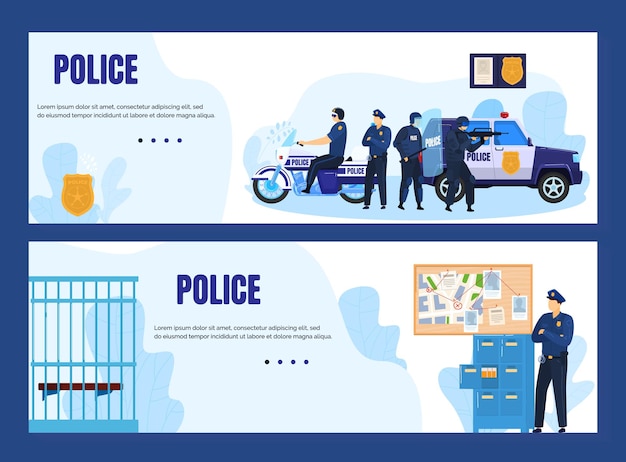 Concepto de policía con ilustración de banderas de policía y oficiales.