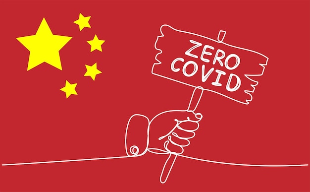 Concepto de política de cero COVID de China Mano que sostiene el cartel con el texto en el fondo de la bandera de china