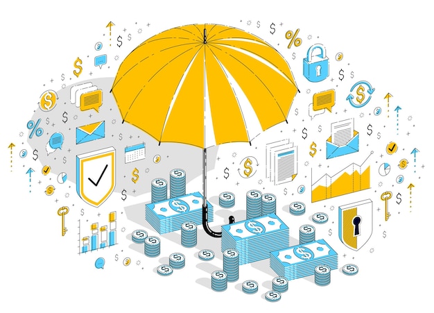 Concepto de póliza de seguro, paraguas con pila de dólares de dinero en efectivo y monedas aisladas sobre fondo blanco. Ilustración isométrica de finanzas vectoriales 3d con iconos, gráficos de estadísticas y elementos de diseño.