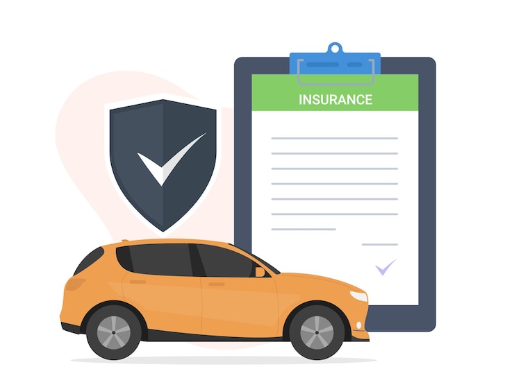 Vector concepto de póliza de seguroinforme de documento con escudo y coche