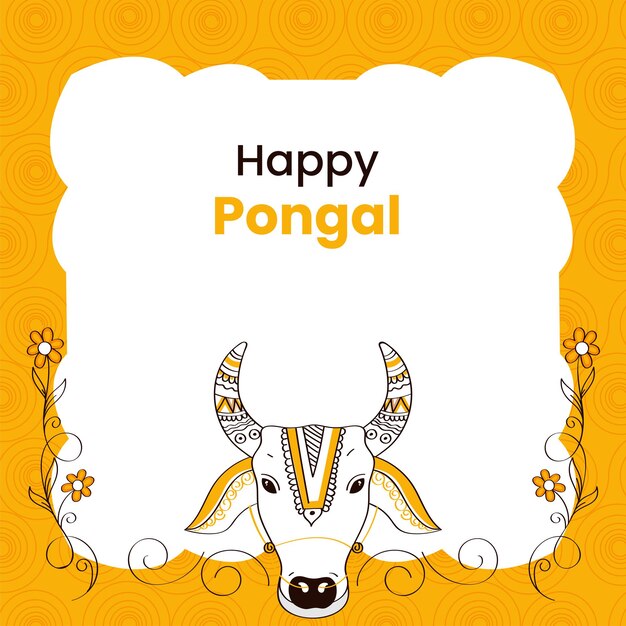 Concepto de Pongal feliz con cara de toro de garabato, decoración floral sobre fondo de patrón de remolino blanco y amarillo.