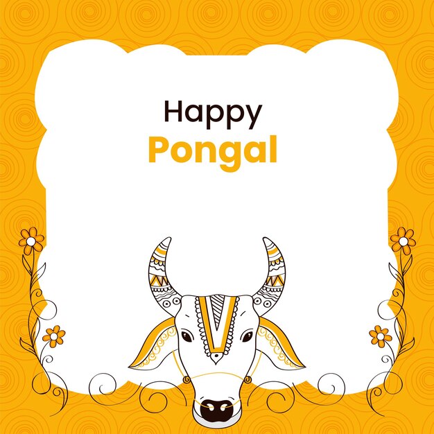 Concepto de pongal feliz con cara de toro de garabato, decoración floral sobre fondo de patrón de remolino blanco y amarillo.