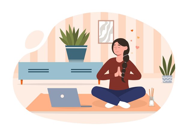 Vector concepto de práctica meditativa mujer sentada en el suelo en casa en posición de loto y viendo yoga y
