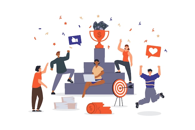 Concepto de premio empresarial con escena de personajes para web Las mujeres y los hombres logran objetivos ganando premios celebrando el éxito Situación de las personas en diseño plano Ilustración vectorial para material de marketing