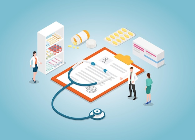 Concepto de prescripción médica con tableta de enfermera y drogas con estilo isométrico moderno