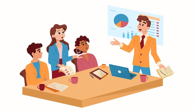 El concepto de presentación empresarial del proyecto Equipo empresarial que presenta un producto en línea