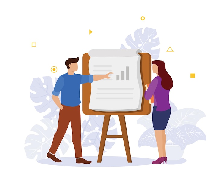 Vector concepto de presentación de negocios con informe de análisis de personas hombre y mujer con ilustración de vector de estilo plano moderno