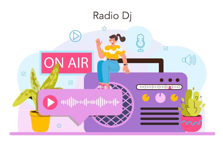 Vector concepto de presentador de radio. idea de difusión de noticias en el estudio. radio dj entrevistando a una persona. podcasting a través del micrófono. radio online. ilustración vectorial plana