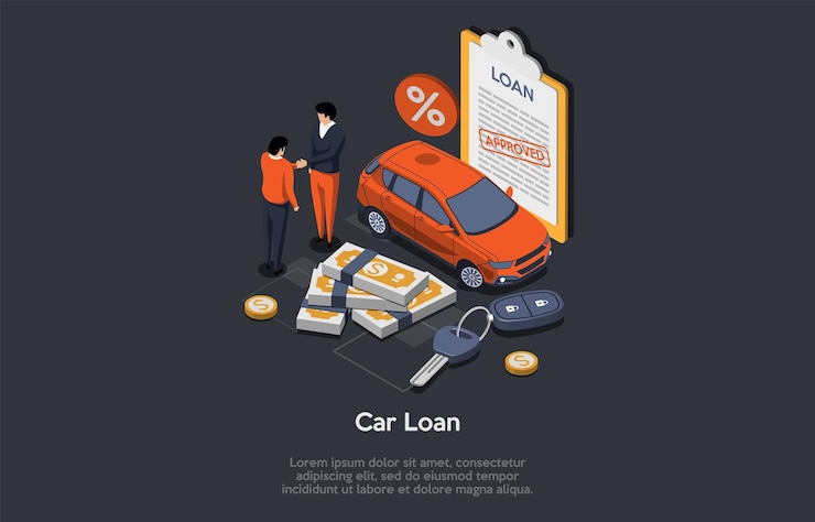 Vector concepto de préstamo de automóvil transacción de compra de automóvil exitosa hombres de negocios estrechando la mano el cliente obtuvo la llave del automóvil nuevo del concesionario de automóviles el hombre firma un contrato aprobado ilustración vectorial 3d isométrica