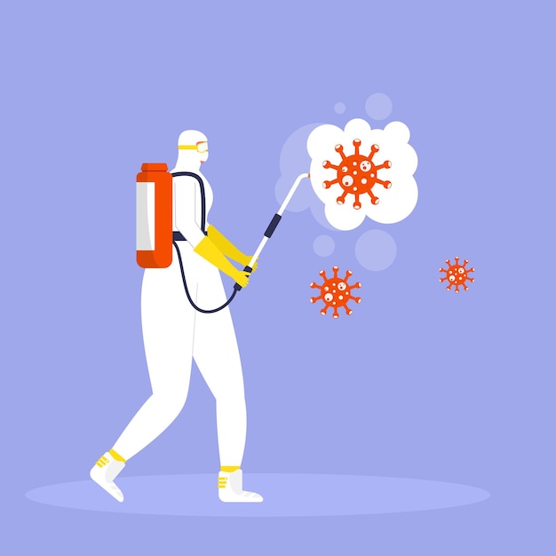 Concepto de prevención de coronavirus, hombre con traje de protección y máscara rocía y desinfecta el virus. Epidemia o pandemia global. Covid-19, enfermedad por coronavirus. Vector