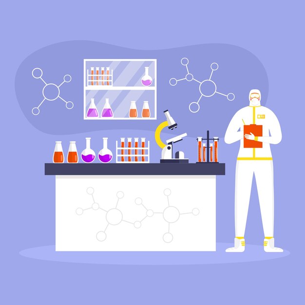 Vector concepto de prevención de coronavirus, hombre con traje protector y máscara, trabajo científico en laboratorio. epidemia o pandemia global. covid-19, enfermedad por coronavirus. el trabajador hace una prueba de virus. vector