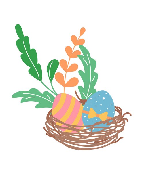 Concepto Primavera Huevos de Pascua en una canasta Esta ilustración vectorial presenta una escena con un tema de primavera