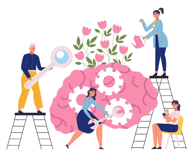 Concepto de problema cognitivo de la salud mental emocional del cerebro El equipo de especialistas ayuda con la ilustración vectorial del trastorno emocional Médicos que ayudan a las personas Personajes que arreglan engranajes y riegan