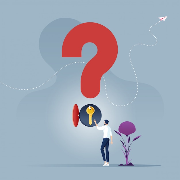 Concepto de problema y solución El empresario elige una clave del símbolo de signo de interrogación