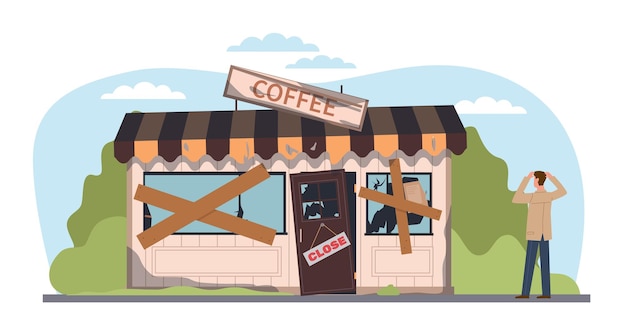 Concepto de problemas de pequeñas empresas propietario de un café de pie frente a un edificio en ruinas y abandonado cafetería cerrada crisis financiera económica vector bancarrota ilustración plana de dibujos animados