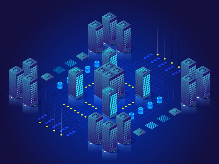 Vector concepto de procesamiento de big data, estación de energía del futuro, rack de sala de servidores, ilustración isométrica del centro de datos