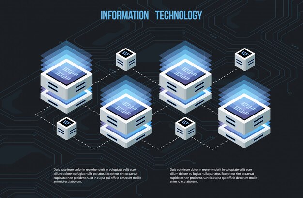 Concepto de procesamiento de datos grandes, centro de datos isométricos, procesamiento y almacenamiento de información vectorial. ilustración creativa con elementos geométricos abstractos.