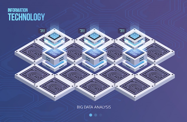 Concepto de procesamiento de datos grandes, centro de datos isométricos, procesamiento y almacenamiento de información vectorial. ilustración creativa con elementos geométricos abstractos.