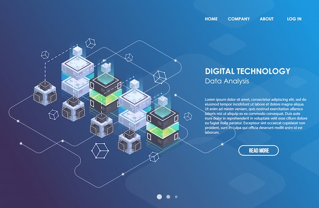 Concepto de procesamiento de datos grandes, centro de datos isométricos, procesamiento y almacenamiento de información vectorial. ilustración creativa con elementos geométricos abstractos.