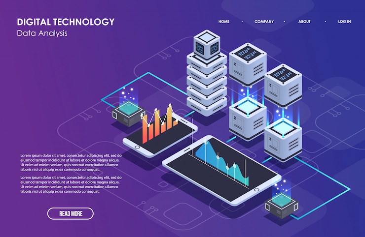 Vector concepto de procesamiento de datos grandes, centro de datos isométricos, procesamiento y almacenamiento de información vectorial. ilustración creativa con elementos geométricos abstractos.
