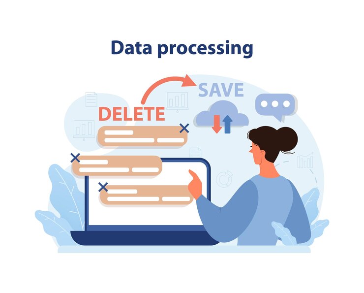 Vector concepto de procesamiento de datos una mujer organiza digitalmente la información seleccionando opciones para guardar o borrar