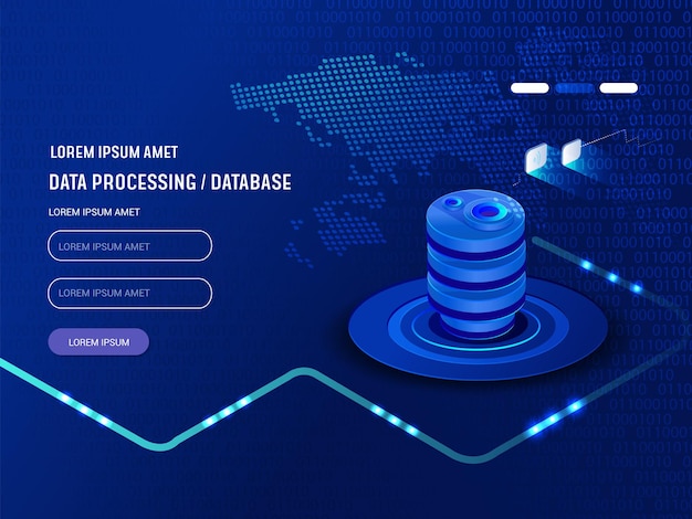 Concepto de procesamiento de flujo de datos grandes, base de datos en la nube, vector isométrico