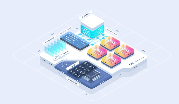Vector concepto de proceso de codificación de desarrollo de software. proceso tecnológico de aplicación y programa. ilustraciones isométricas de vectores de desarrollo de aplicaciones.