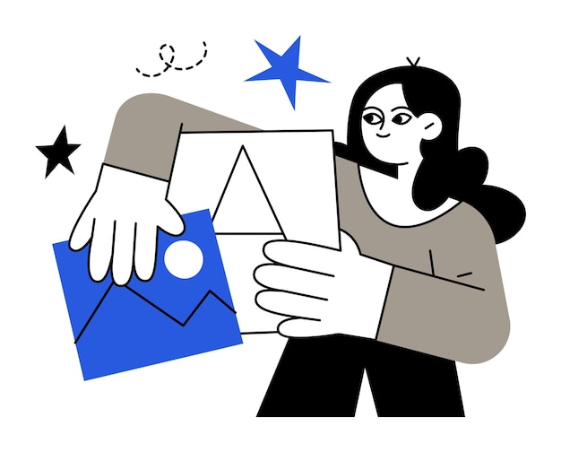 Concepto de proceso creativo con mujer ilustrada y formas