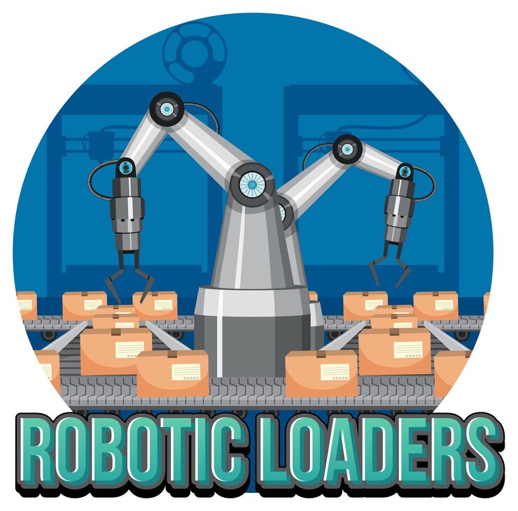 Vector concepto de proceso de embalaje con cargadores robóticos