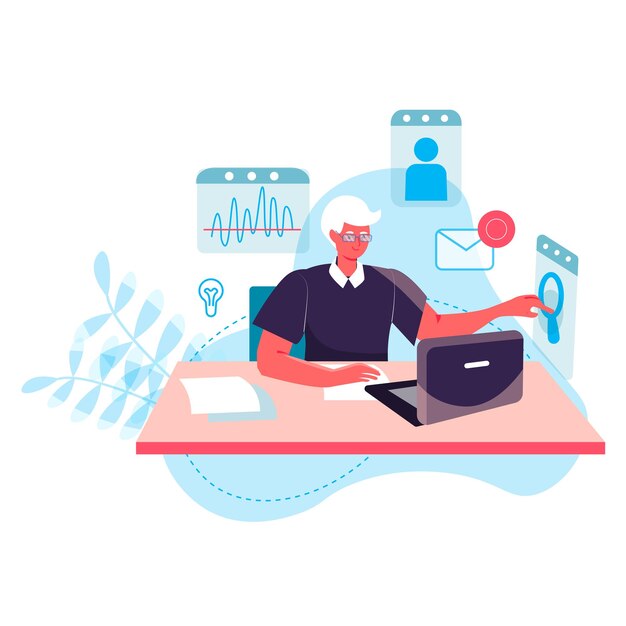 Concepto de proceso empresarial. Analista de hombre que trabaja en la computadora portátil, analiza datos, investiga estadísticas. Escena de personajes contables y consultores. Ilustración de vector de diseño plano con actividades de personas