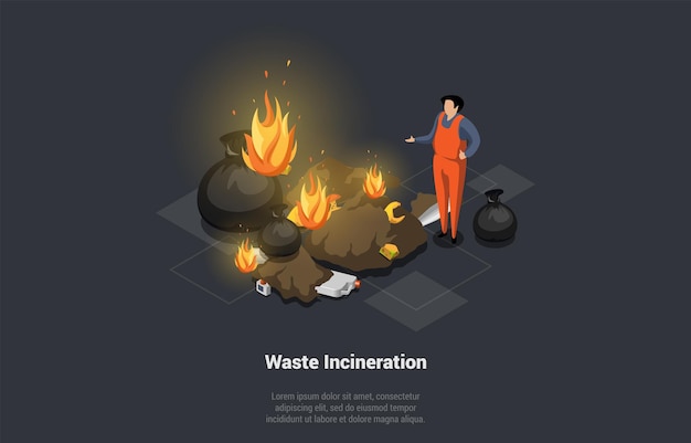 Concepto De Proceso De Incineración De Residuos Recolección De Personajes Masculinos E Incineración De Residuos Y Consecuencias Como La Emisión De Sustancias Nocivas En La Atmósfera Isométrica Ilustración Vectorial De Dibujos Animados 3d