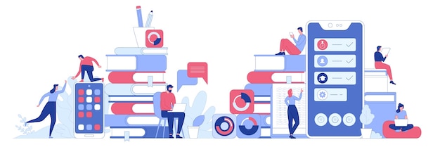 Concepto de proceso de negocio Desarrollo profesional de empleados capacitación empresarial o curso con acceso desde aplicación móvil Carrera exitosa y crecimiento Ilustración de carácter vectorial para diseño de banner
