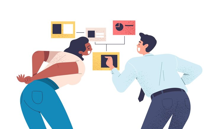 Vector concepto de proceso de negocio hombre y mujer con estadísticas e infografías tortura de ideas y discusión colegas trabajan en un proyecto común ilustración vectorial plana de dibujos animados aislada sobre fondo blanco