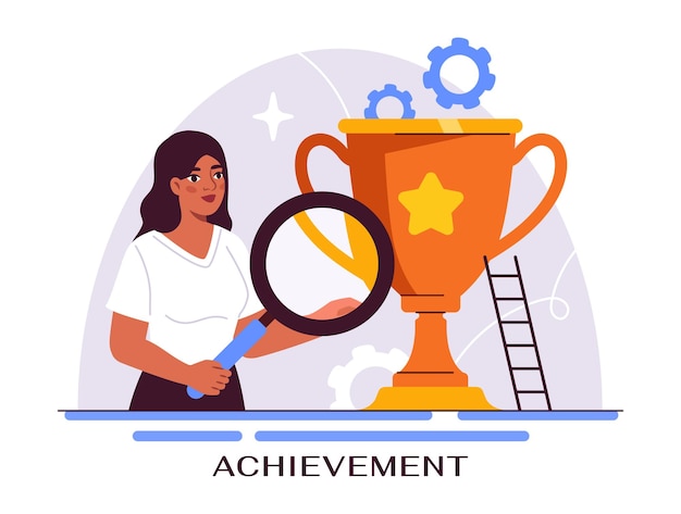 Concepto de proceso de negocios Mujer con copa Liderazgo y motivación Mujer de negocios con lupa Niña joven con logros Ilustración vectorial plana de dibujos animados aislada sobre fondo blanco