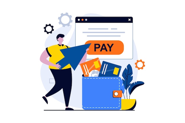Concepto de proceso de pago electrónico con escena de personas en diseño de dibujos animados planos Hombre pagando en el sitio web usando billetera electrónica y tarjetas de crédito virtuales en la banca en línea Historia visual de ilustración vectorial para web