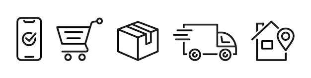 Concepto del proceso de pedido Configuración de iconos de compras en línea y entrega Ilustración vectorial