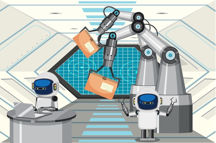 Vector concepto de proceso de producción con línea de montaje de robots.