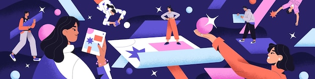 Concepto de procesos de trabajo en equipo en negocios en banner La gente trabaja con figuras geométricas formas Equipo creativo de colecciones analiza datos Colegas crean proyectos juntos Ilustración vectorial plana