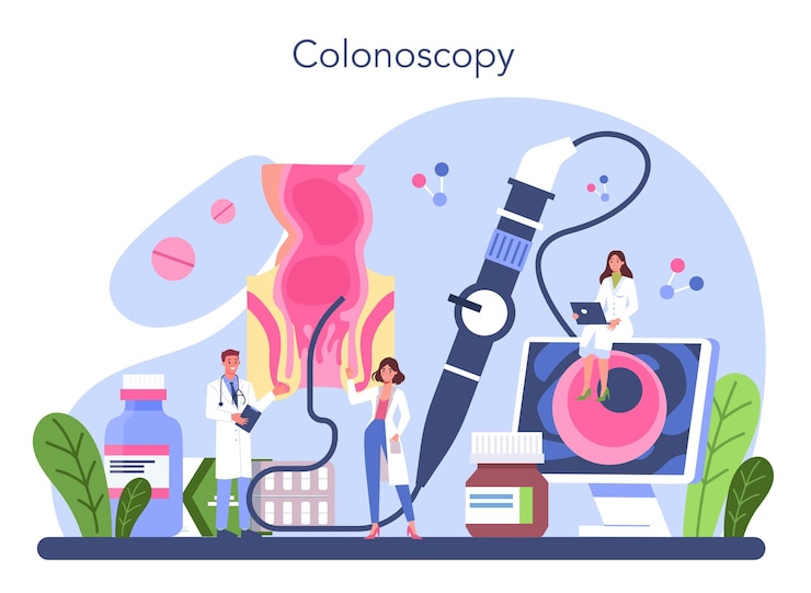 Vector concepto de proctólogo el médico examina el intestino idea de consulta de diagnóstico de tratamiento médico y de salud colonoscopia ilustración vectorial aislada en estilo de dibujos animados