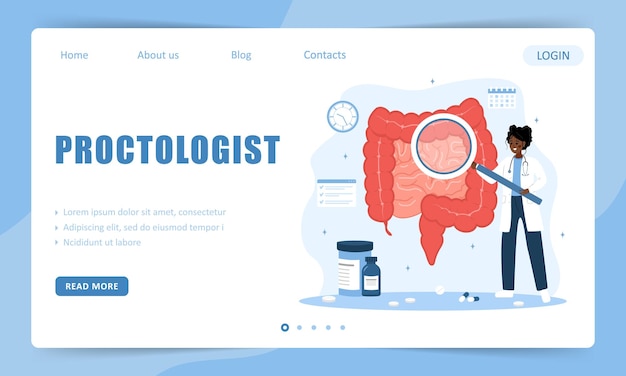 Concepto de proctólogo Plantilla de página de destino Doctora con lupa examina el intestino