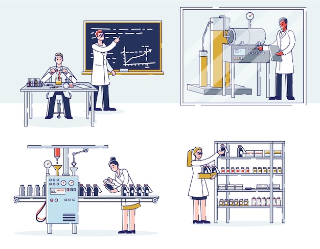 Concepto de producción de medicamentos. los científicos realizan investigaciones en el laboratorio, producen medicamentos con equipos profesionales, empaque y almacenamiento en el almacén.