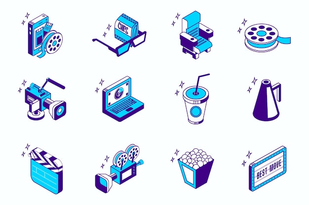 Concepto de producción de películas 3d iconos isométricos establecidos para el diseño de isometría web Elementos de colección de entradas tiras de película gafas bocadillos asiento de cine cámara video en portátil más Ilustración vectorial