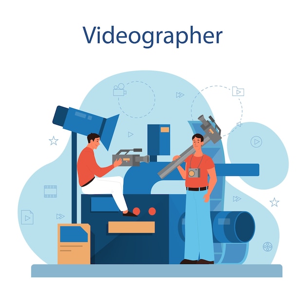 Concepto de producción de video o camarógrafo. Industria cinematográfica y cinematográfica. Realización de contenido visual para redes sociales con equipamiento especial.